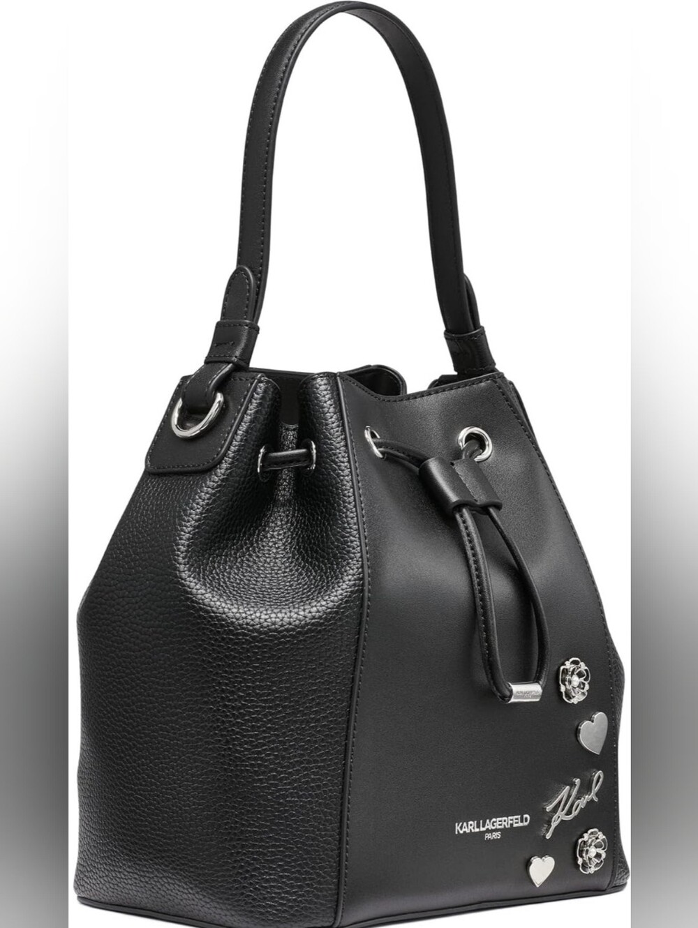 Karl Lagerfeld Black Pebbled Leather Drawstring Bucket Bag - Picture 6 of 9